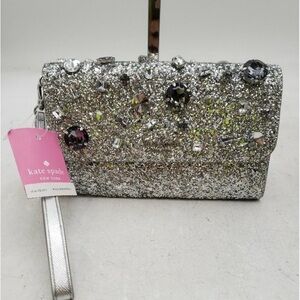 NWT Kate Spade Silver Glitter n Bejeweled Wristlet